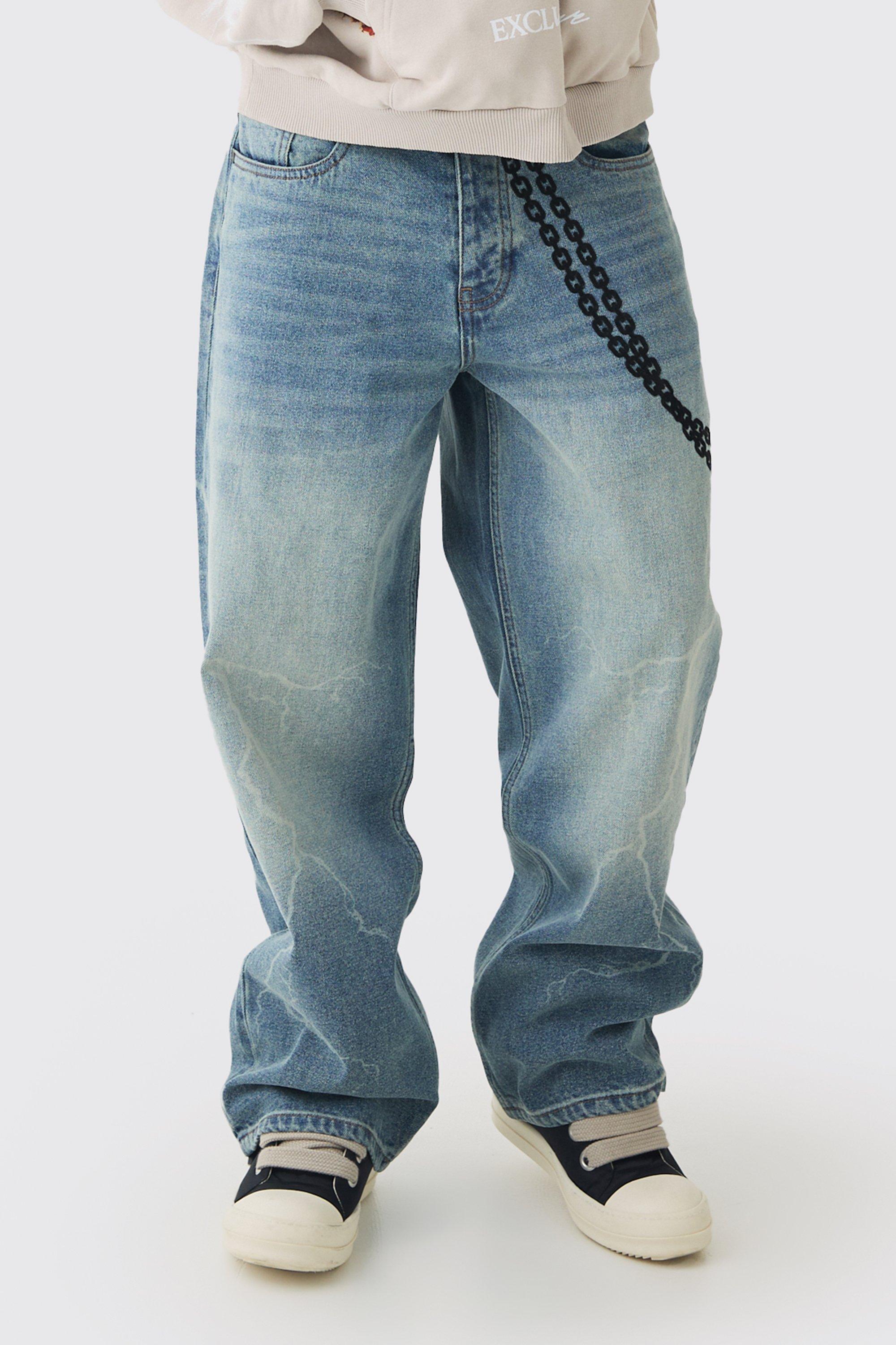 Mens Blue Baggy Rigid Laser Print Lightning Washed Jeans, Blue